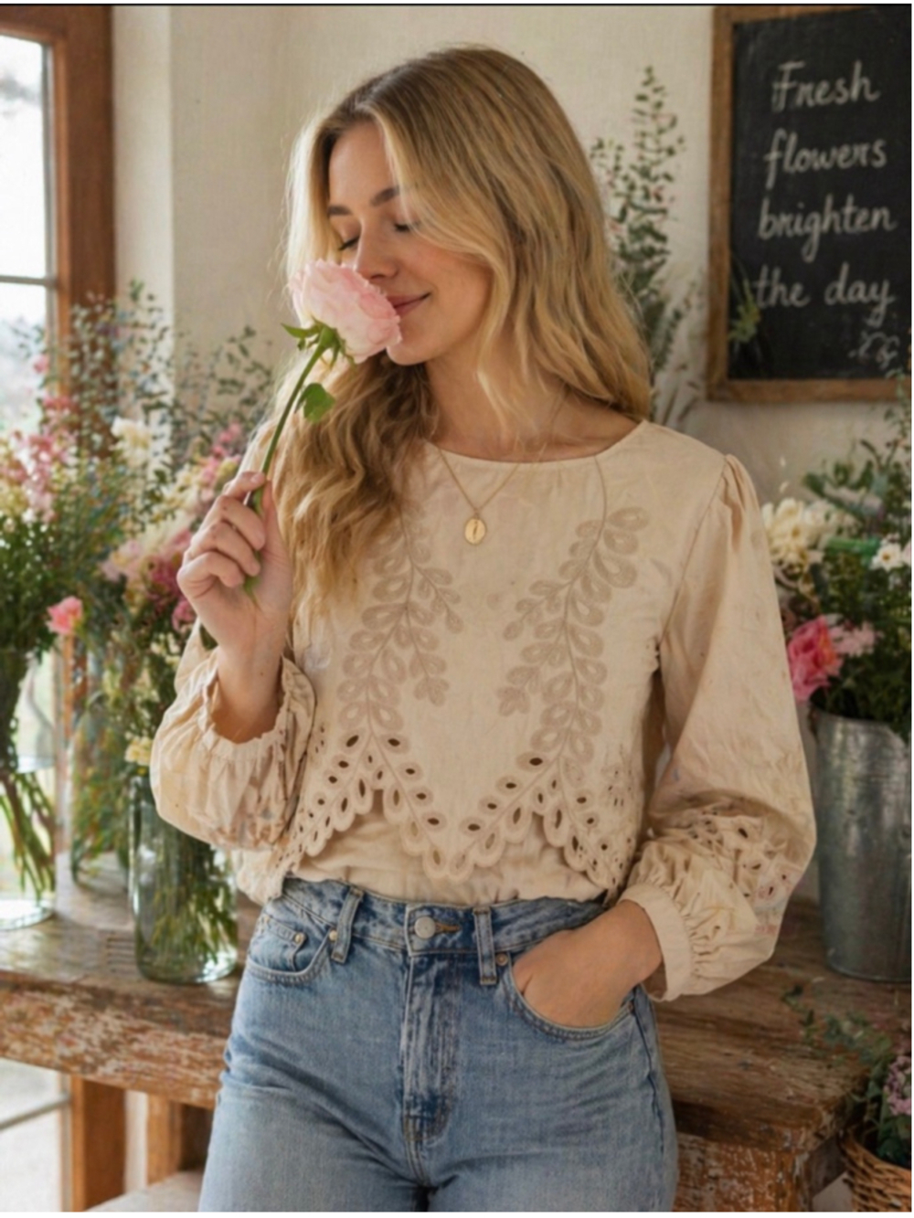 Women's Chicways Beige Embroidered Blouse L